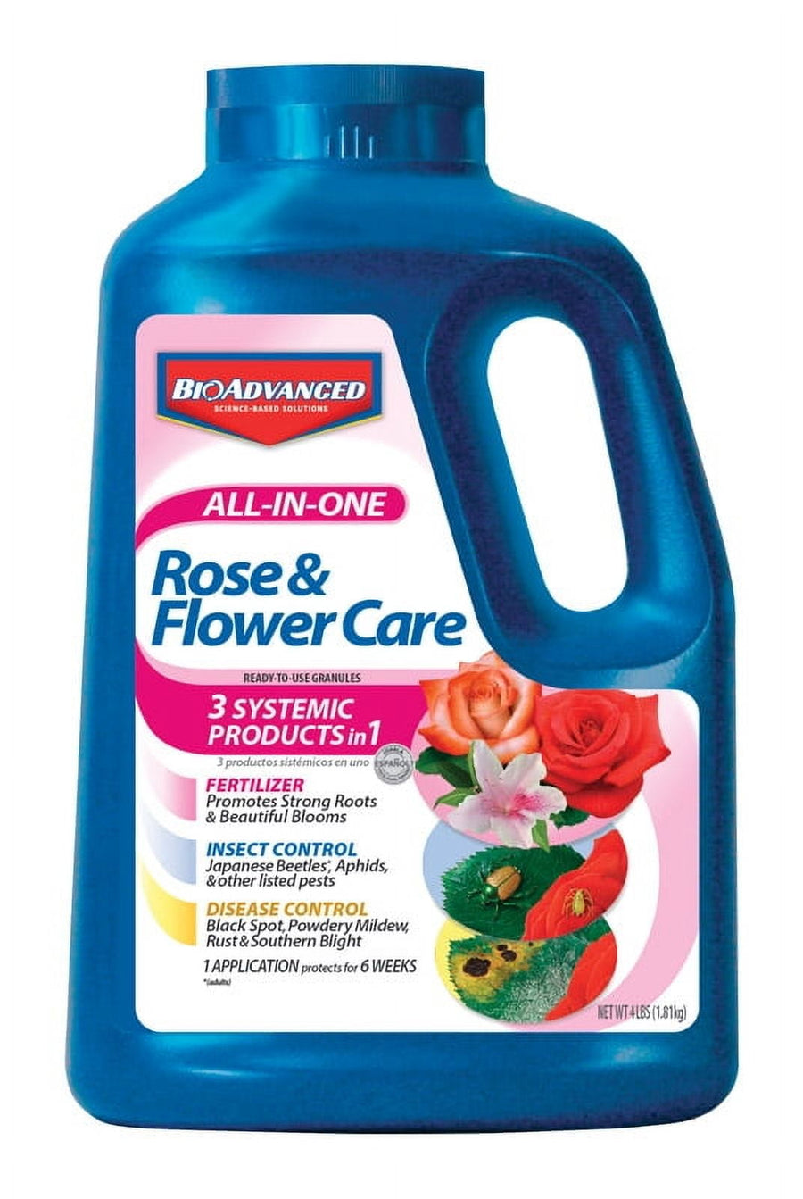 Blue BioAdvanced All-In-One Rose & Flower Care granule bottle with label showing roses and product benefits