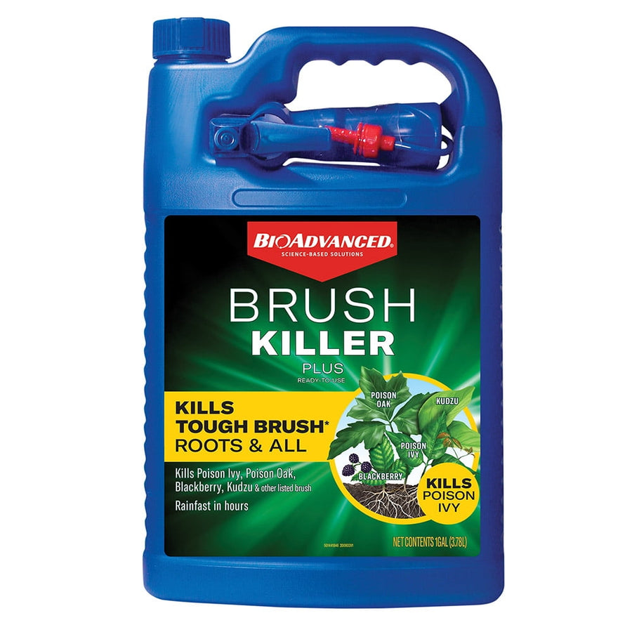 Blue BioAdvanced Brush Killer jug with green label reading 'Brush Killer' and applicator stored in handle