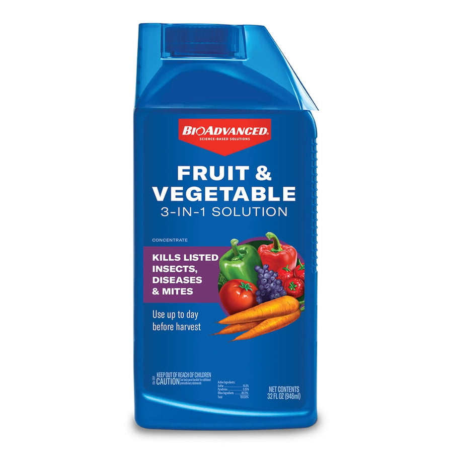 Blue BioAdvanced bottle labeled 'Fruit & Vegetable 3-in-1 Solution' with produce illustration on the front.