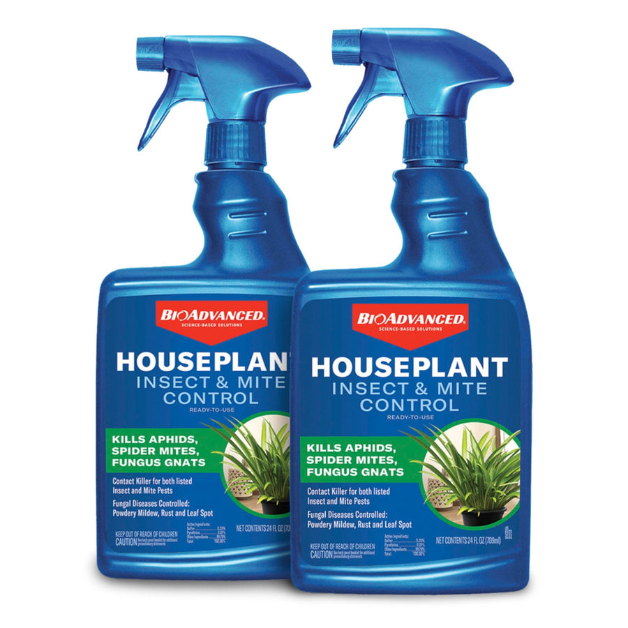 Two blue BioAdvanced Houseplant Insect & Mite Control spray bottles shown side by side on white background