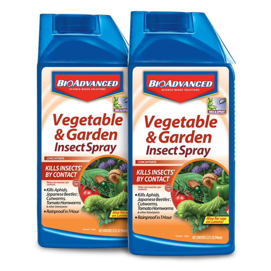 Two blue bottles of BioAdvanced Vegetable & Garden Insect Spray concentrate with product label and garden illustration.
