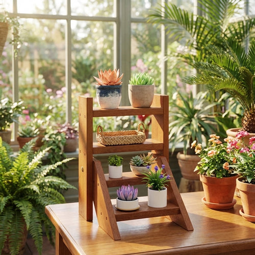 Small four-tier wooden ladder plant stand on a table with potted succulents in a sunlit greenhouse