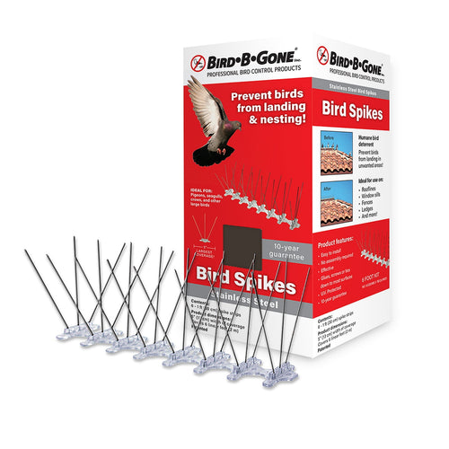 Boxed Bird-B-Gone stainless steel bird spikes kit with several spike sections displayed