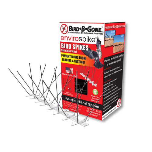 Bird-B-Gone envirospike product box with stainless steel bird spikes displayed in front on a white background.