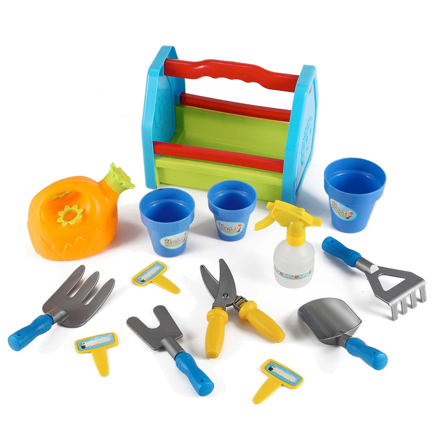 Colorful children's gardening tool set with blue-and-red wooden caddy, pots, watering can, spray bottle and plastic tools