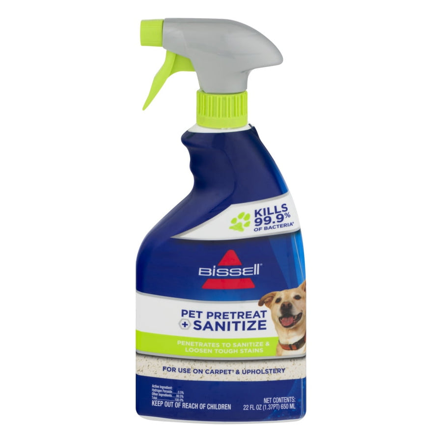 BISSELL blue spray bottle of Pet Pretreat + Sanitize with trigger nozzle and partial dog photo on label