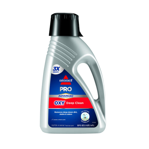Silver BISSELL Pro Advanced OXY Deep Clean carpet cleaning solution bottle with black cap on white