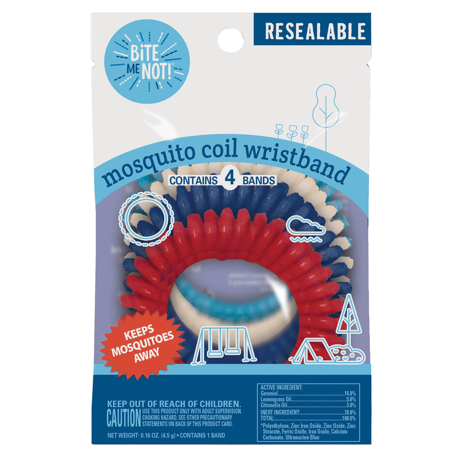 BITE ME NOT! resealable package showing multicolored mosquito coil wristbands and branding