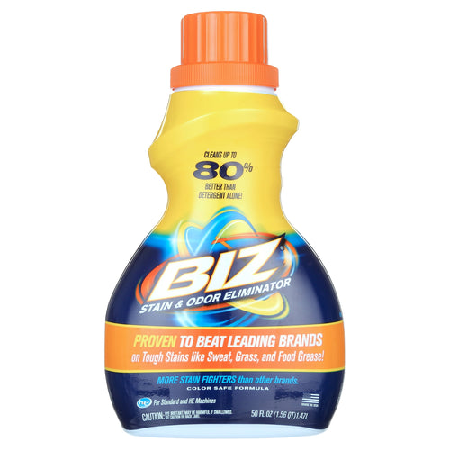 Front view of a BIZ stain & odor eliminator bottle with orange cap and blue label