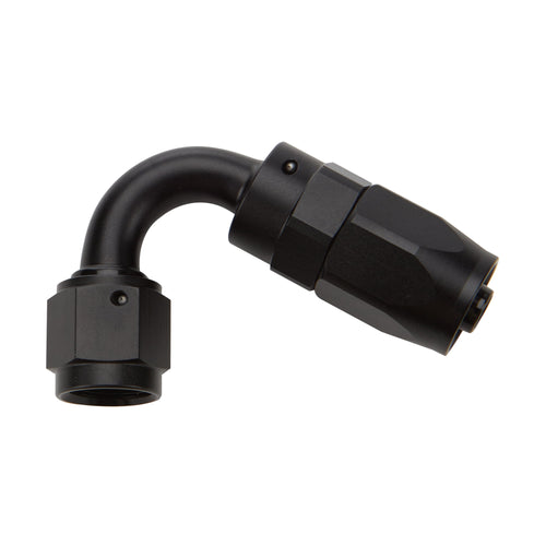 Black 120-degree reusable hose end elbow fitting photographed on white background