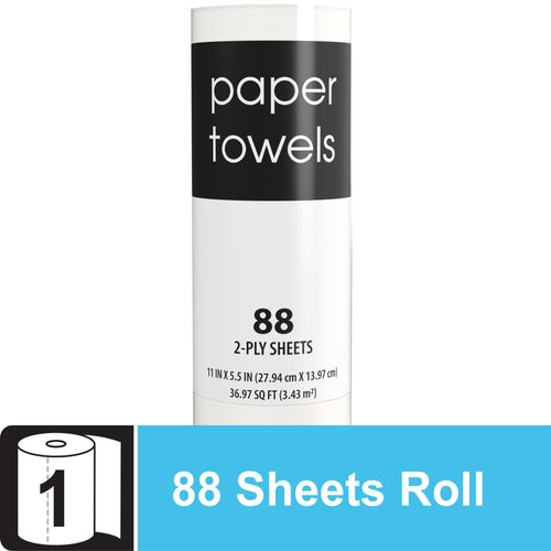 Single upright roll of white paper towels with a black label reading “paper towels” and “88 2-ply sheets”