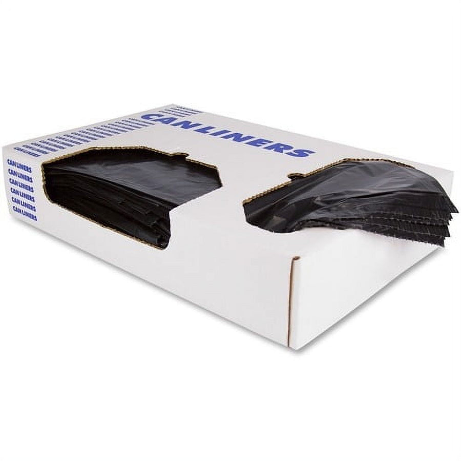 White cardboard dispenser box with two openings showing folded black can liner bags inside