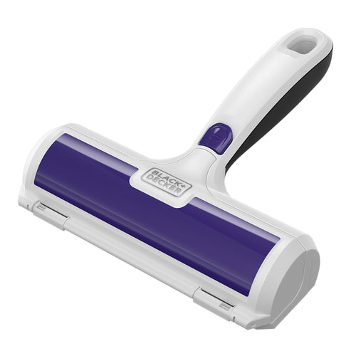 WHITE and purple BLACK+DECKER reusable pet hair roller shown at an angled product view