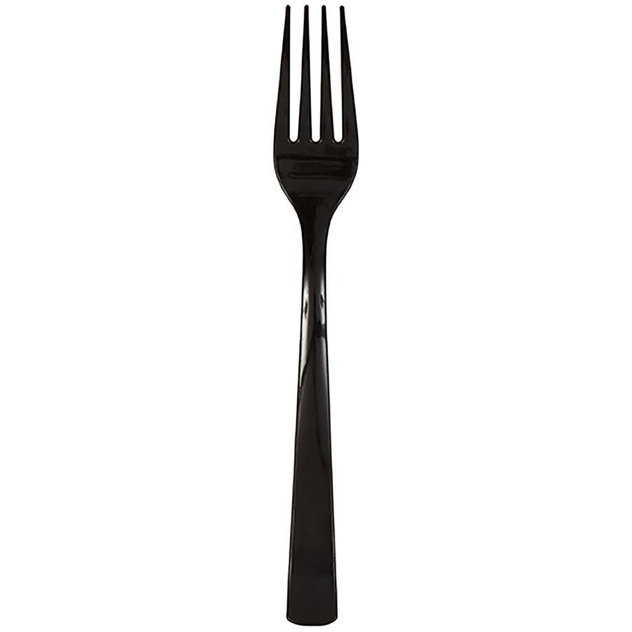 Single black disposable plastic fork on white background, glossy finish and four tines