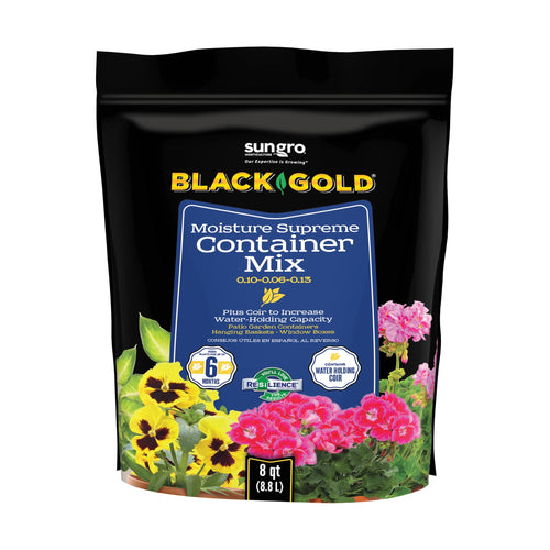 Front of a Black Gold Moisture Supreme Container Mix bag with colorful flowers and product name on black packaging.