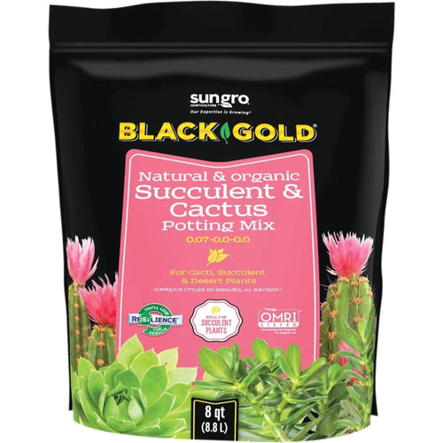 Black Gold Sun Gro bag of Natural & Organic Succulent & Cactus potting mix with pink label and succulent graphics