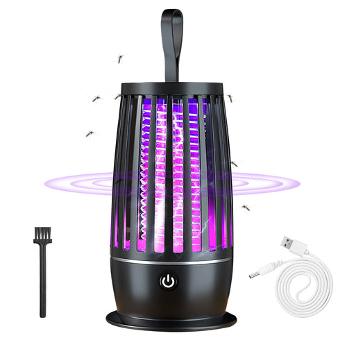 Black rechargeable mosquito killer lamp glowing purple with hanging strap, USB cable and cleaning brush on white background