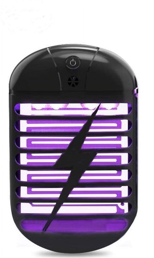 Black oval electronic insect killer lamp with purple UV light and lightning-bolt grille design