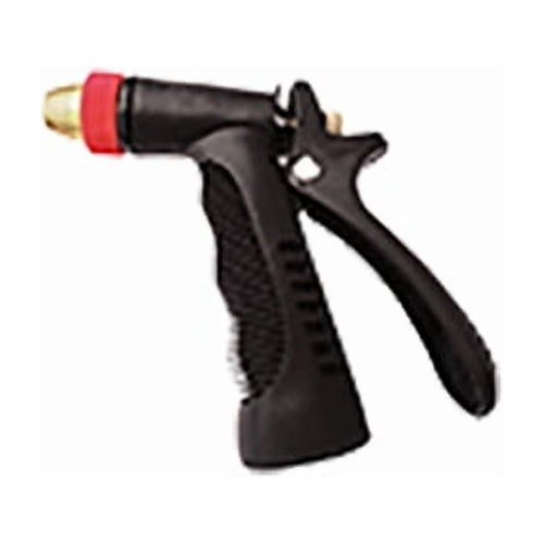 Black pistol-grip adjustable hose nozzle with textured handle and red tip