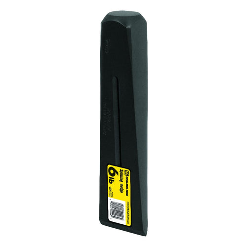 Tall black metal splitting wedge shown upright with a yellow 6 lb product label near the base