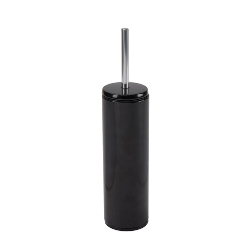 Tall cylindrical black toilet brush holder with a stainless steel handle upright.