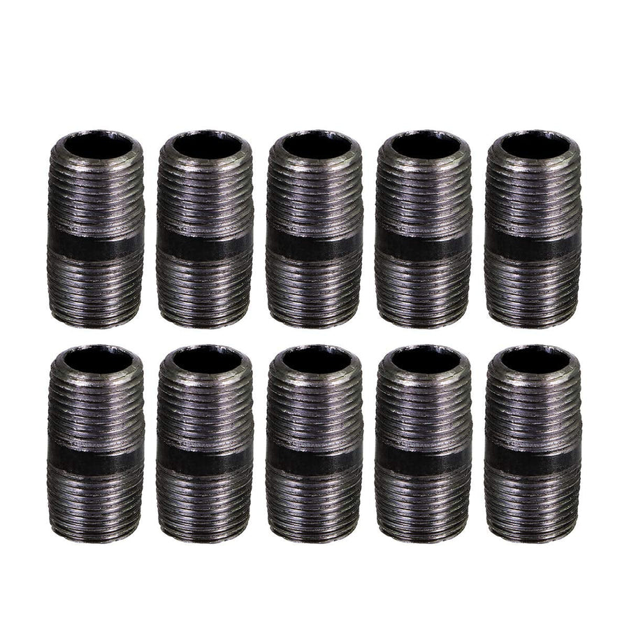 Ten black threaded steel pipe nipples arranged in two rows on a white background