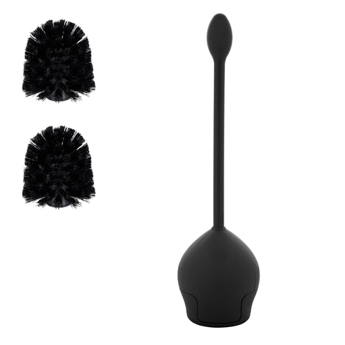 Black tulip-style toilet brush with base and two separate black replacement brush heads