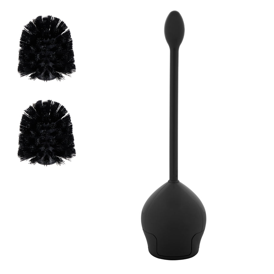 Black tulip-style toilet brush with base and two separate black replacement brush heads