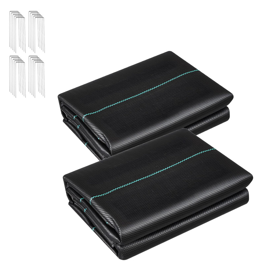 Two folded black woven landscape fabrics with teal guide line shown on a white background and metal U-stakes illustrated nearby.