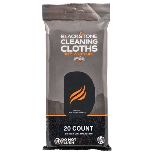 Front view of a Blackstone branded packet of pre-moistened cleaning cloths with visible 20 count label.