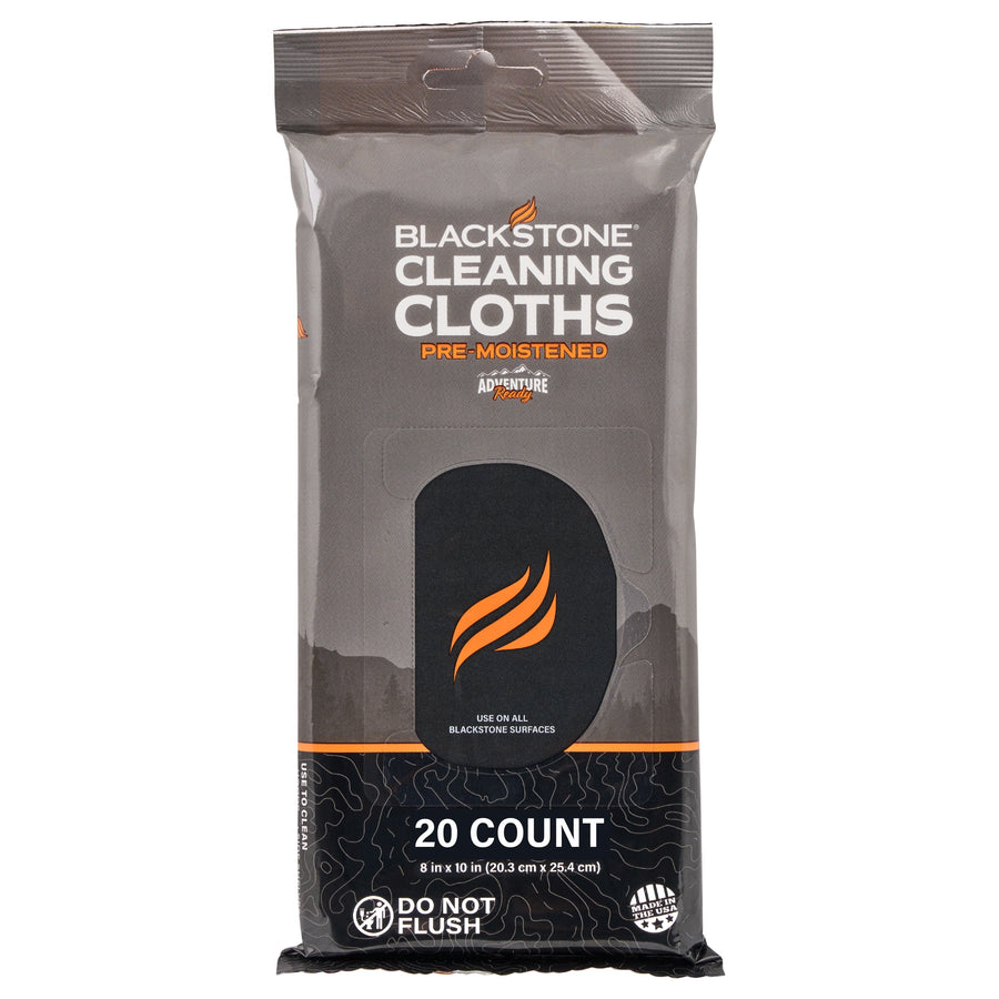 Front view of a Blackstone branded packet of pre-moistened cleaning cloths with visible 20 count label.