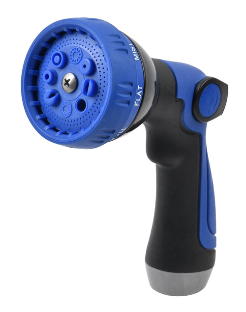 Close-up of a blue and black pistol-grip garden hose spray nozzle head showing multiple spray ports