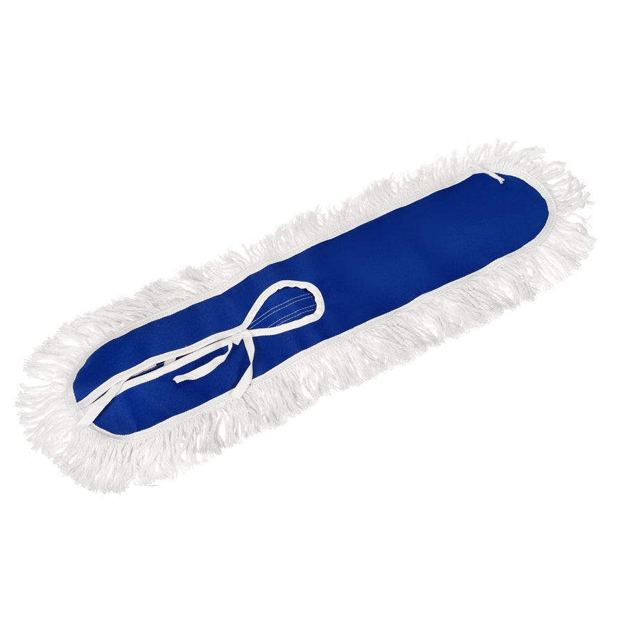 Blue fabric mop head with white cotton fringe and tied straps, shown flat on a white background.