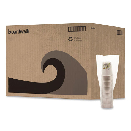 Large corrugated cardboard case box with Boardwalk logo and decorative wave graphic, plus stacked wrapped paper cups at right