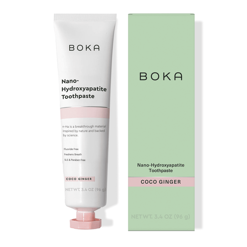 BOKA Nano-Hydroxyapatite toothpaste tube and matching green boxed packaging labeled coco ginger on white background
