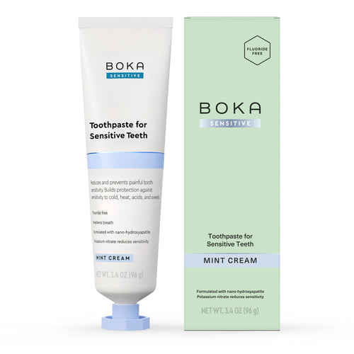 Boka Sensitive mint cream toothpaste tube standing next to its matching pale green retail box on white background.