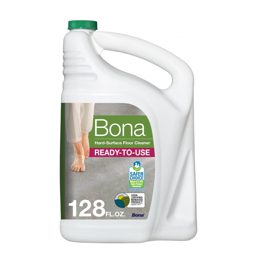 White 128 fl oz Bona ready-to-use hard-surface floor cleaner jug with green cap and label