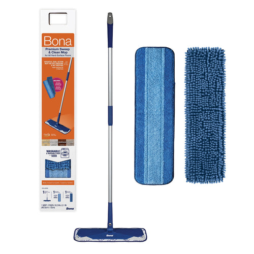 Bona blue flat mop kit with adjustable pole, microfiber cleaning pad and chenille sweeping pad shown alongside product box