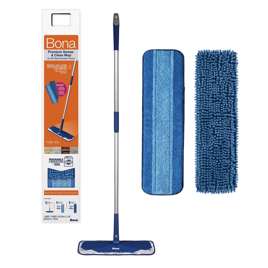 Bona blue flat mop kit with adjustable pole, microfiber cleaning pad and chenille sweeping pad shown alongside product box