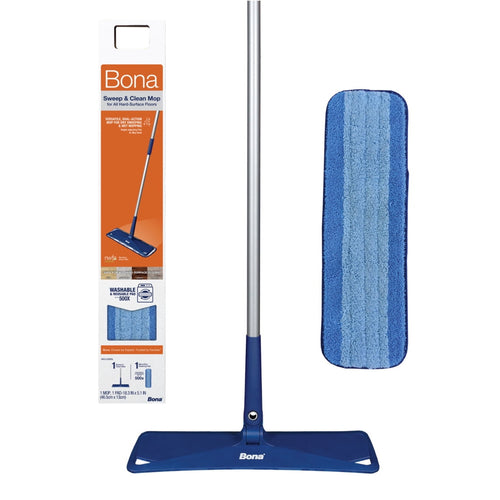 Blue Bona sweep & clean mop with handle, packaged box and detachable blue microfiber pad shown on white background