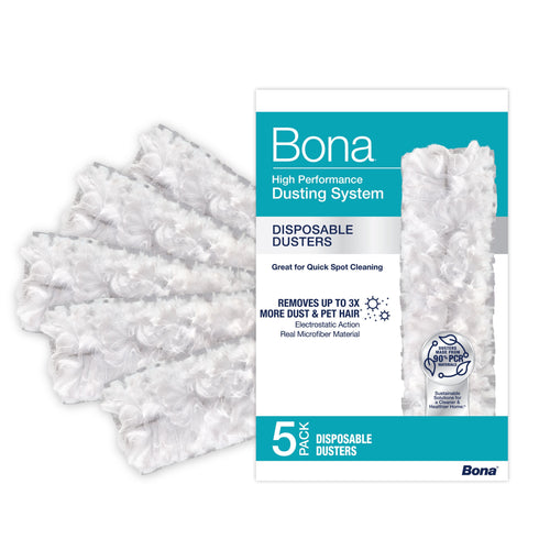 Bona disposable duster refills fanned out next to product packaging showing brand and 5-pack label