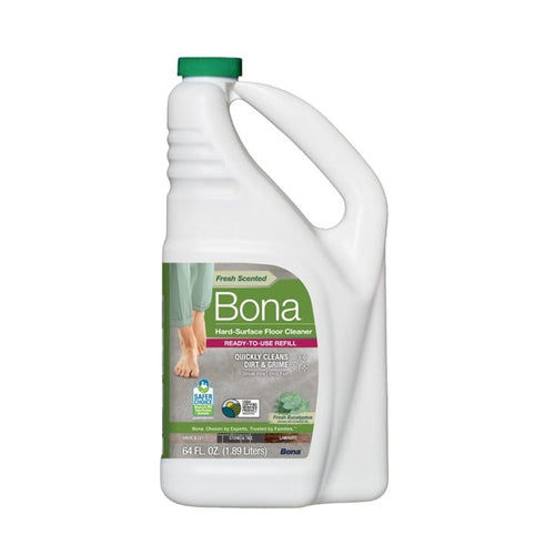 White plastic jug of Bona multi-surface floor cleaner with green cap and front label showing fresh eucalyptus branding