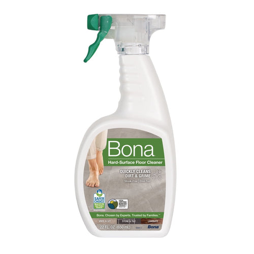 White spray bottle of Bona hard-surface floor cleaner with green label and trigger, on a white background.