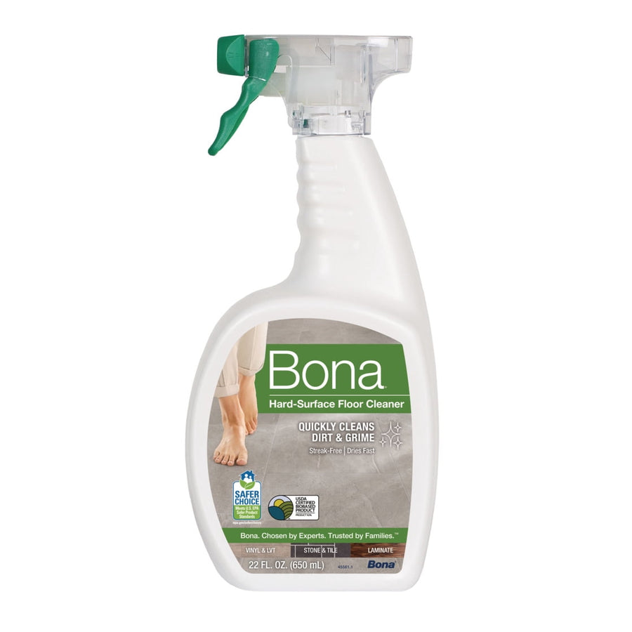 White spray bottle of Bona hard-surface floor cleaner with green label and trigger, on a white background.