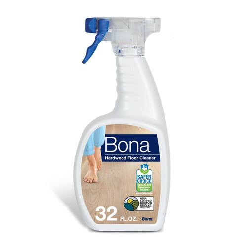 White spray bottle of Bona Hardwood Floor Cleaner showing front label with wood floor photo and 32 fl. oz. marking.