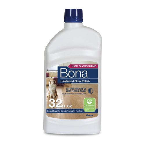 White plastic bottle of Bona Hardwood Floor Polish with label showing dog on wood floor and 32 fl. oz.