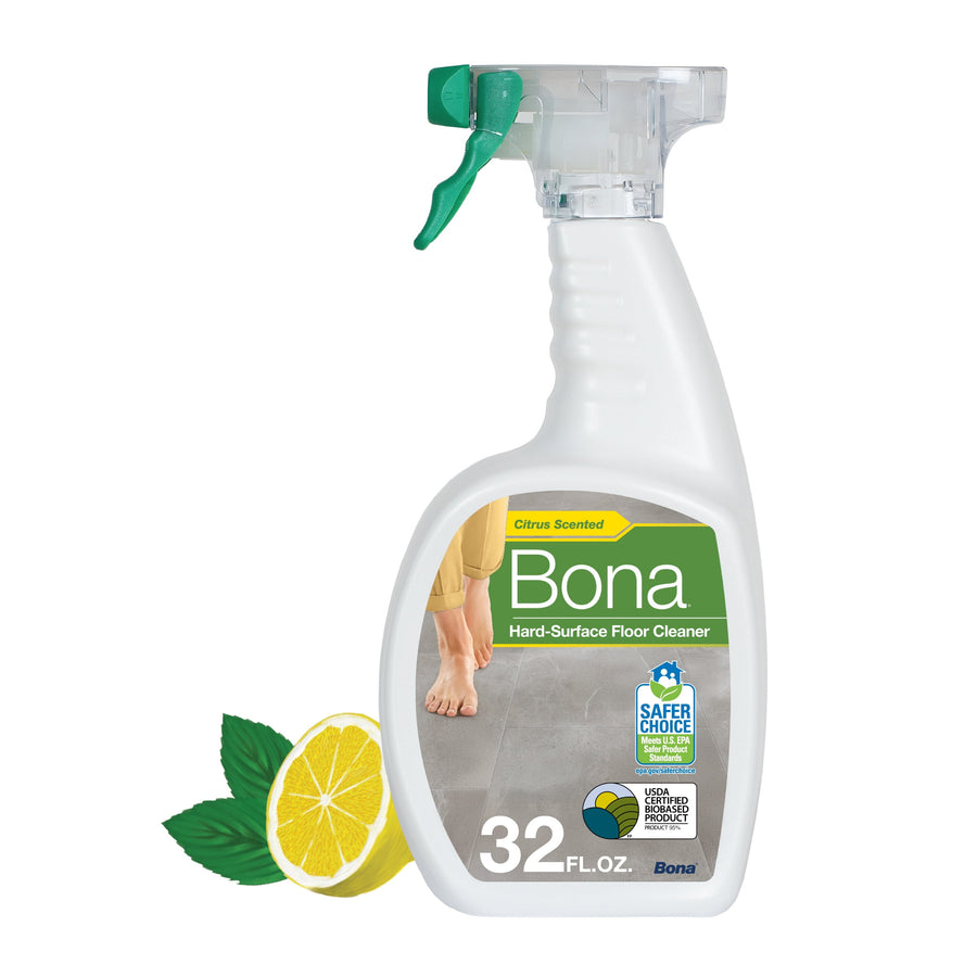 White Bona hard-surface floor cleaner spray bottle with lemon graphic and 32 fl oz label