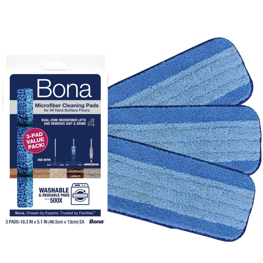 Bona branded retail box next to three blue dual-zone microfiber mop pads on white background
