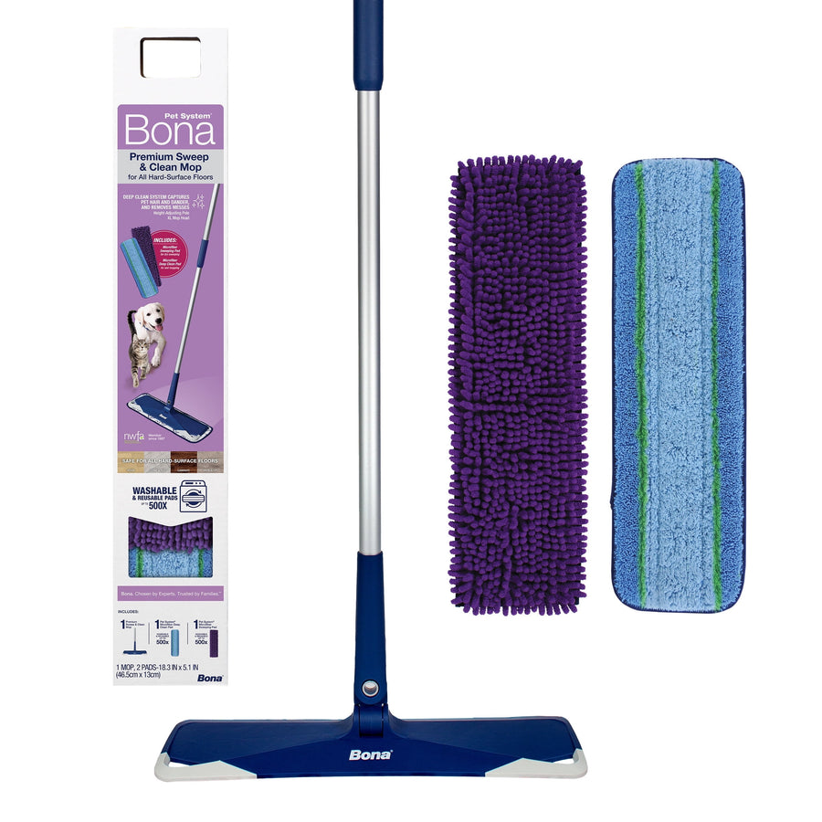 Bona Pet microfiber mop, adjustable pole, and two replacement pads beside retail packaging on white background