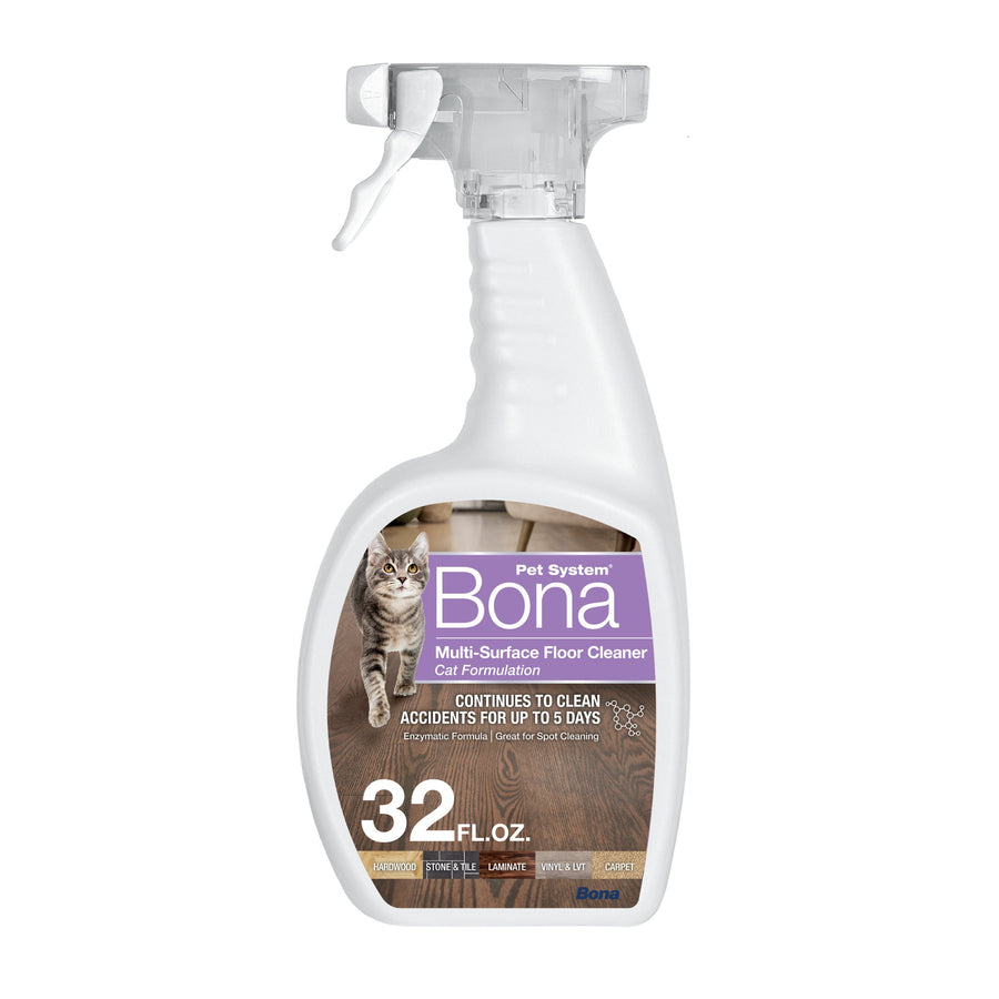 White spray bottle of Bona Pet System multi-surface floor cleaner with cat image and 32 fl. oz. label